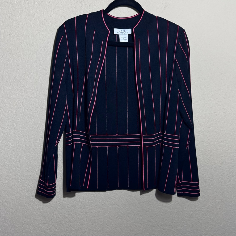 Ming Wang Black Pink Stipe Acrylic Knit Open Front Cardigan Sweater Sz S Career